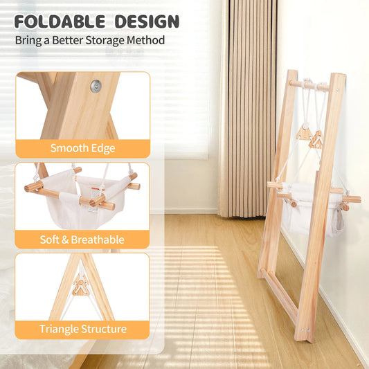 🪑 Folding Wooden Frame Kids Swing – Foldable Canvas Seat & Wooden Stand