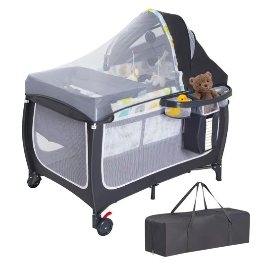 🧸 4-in-1 Portable Baby Crib & Playard – Bassinet, Changing Table, Canopy & Music Box