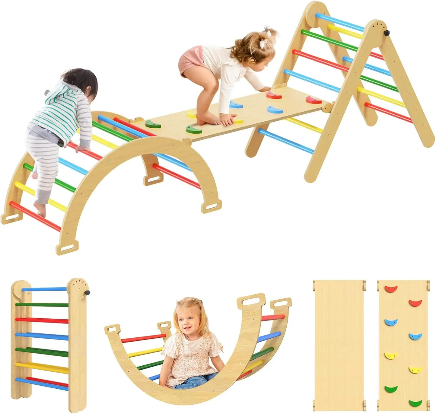 🧗‍♂️ 7-in-1 Montessori Pikler Triangle Climbing Set – Foldable Wooden Indoor Play for Toddlers