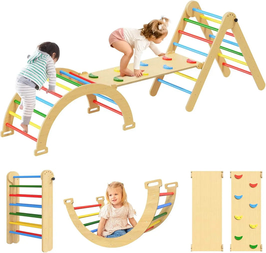 🧗‍♂️ 7-in-1 Montessori Pikler Triangle Climbing Set – Foldable Wooden Indoor Play for Toddlers