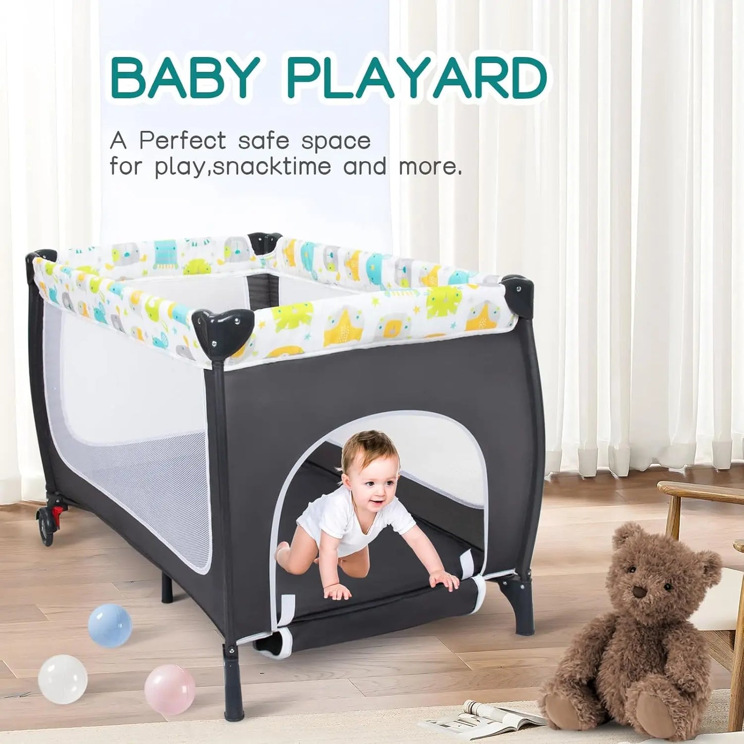 🧸 4-in-1 Portable Baby Crib & Playard – Bassinet, Changing Table, Canopy & Music Box