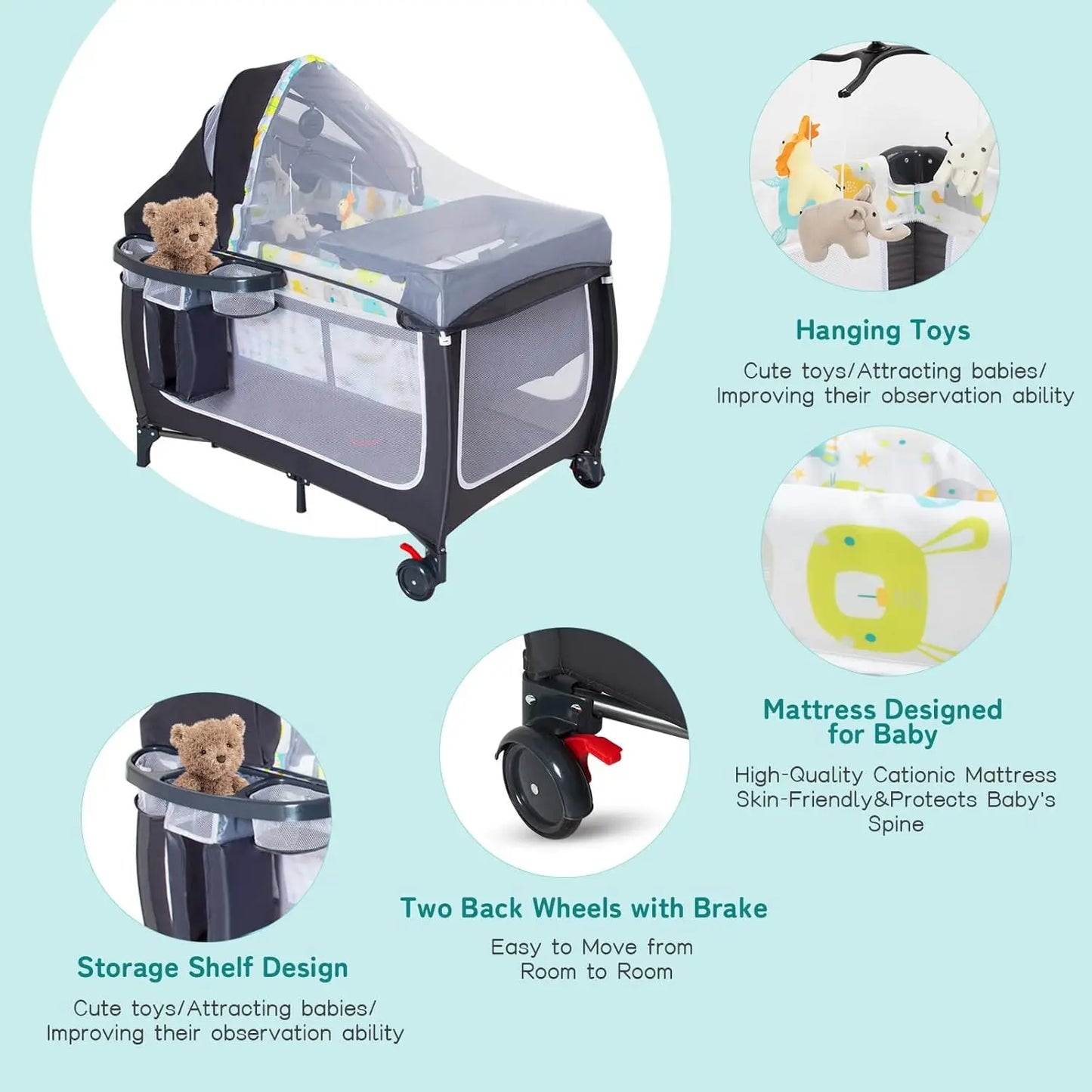 🧸 4-in-1 Portable Baby Crib & Playard – Bassinet, Changing Table, Canopy & Music Box