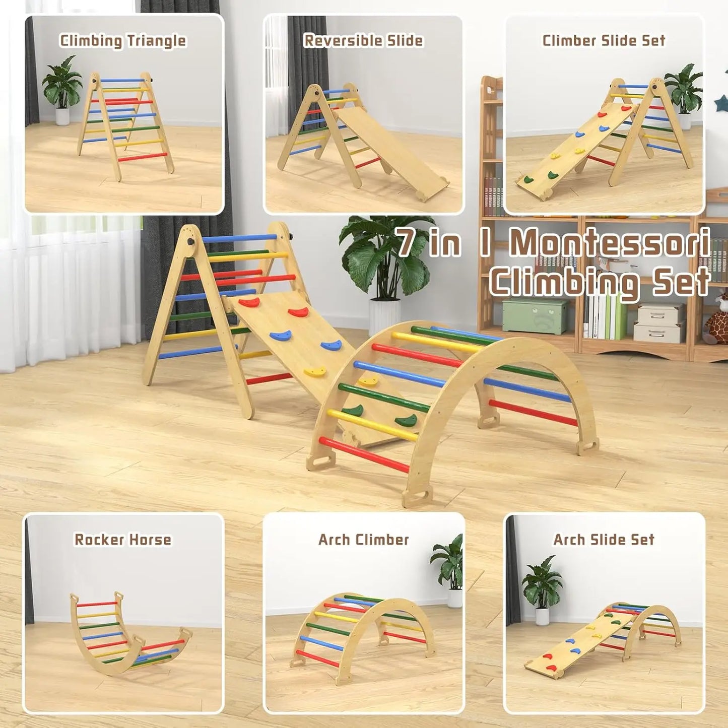 🧗‍♂️ 7-in-1 Montessori Pikler Triangle Climbing Set – Foldable Wooden Indoor Play for Toddlers
