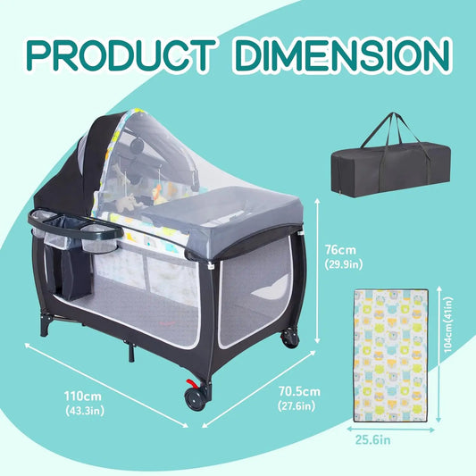 🧸 4-in-1 Portable Baby Crib & Playard – Bassinet, Changing Table, Canopy & Music Box
