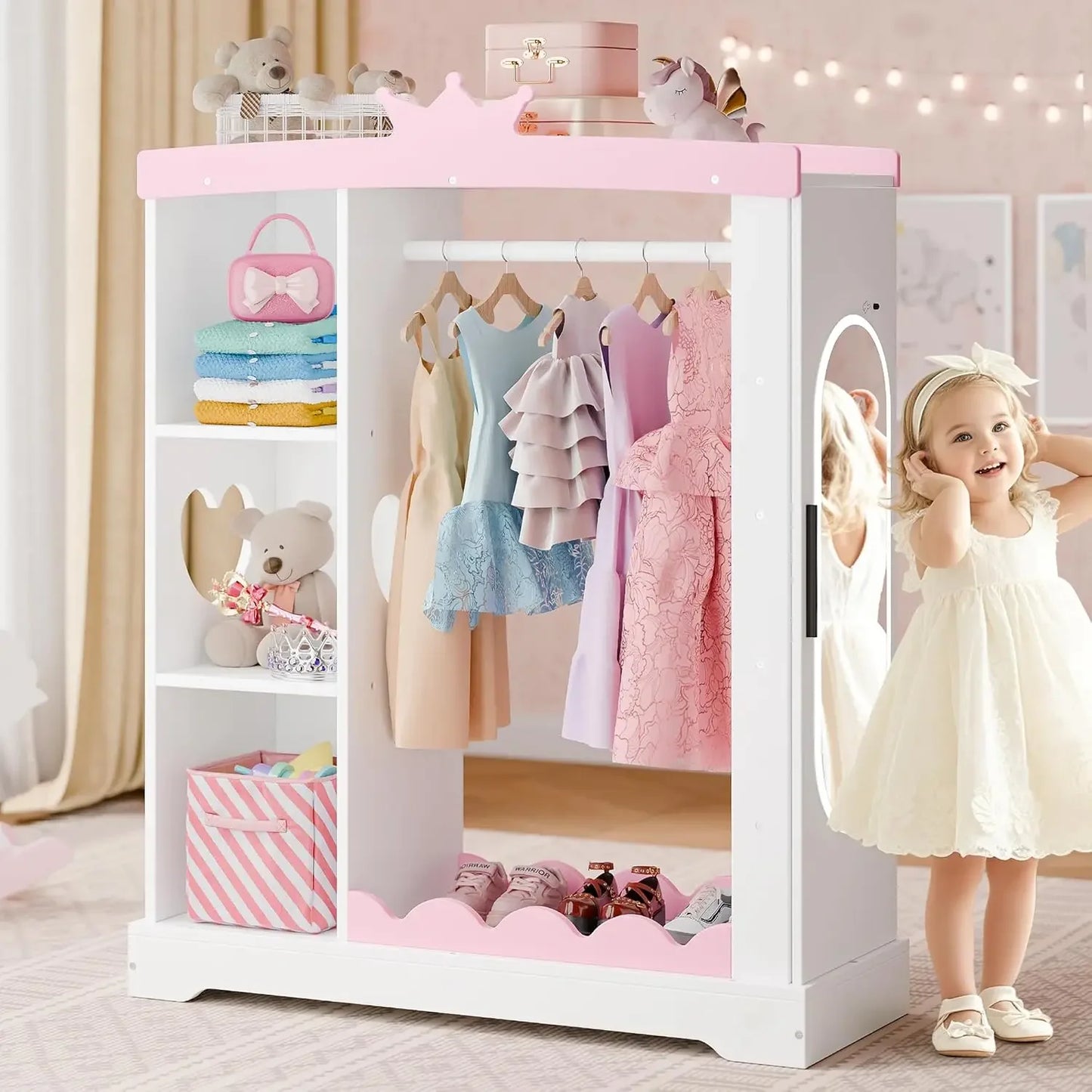 👗 Kids Armoire with Mirror & Jewelry Cabinet – Dress-Up Storage for Princess Costumes