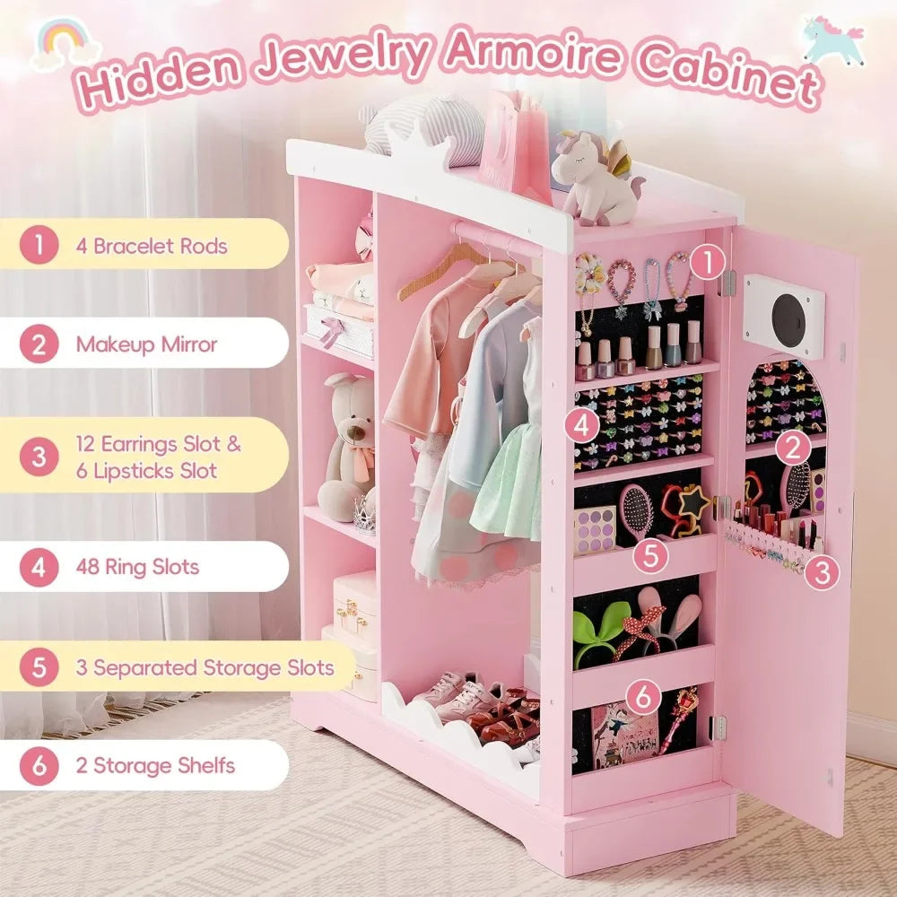 👗 Kids Armoire with Mirror & Jewelry Cabinet – Dress-Up Storage for Princess Costumes