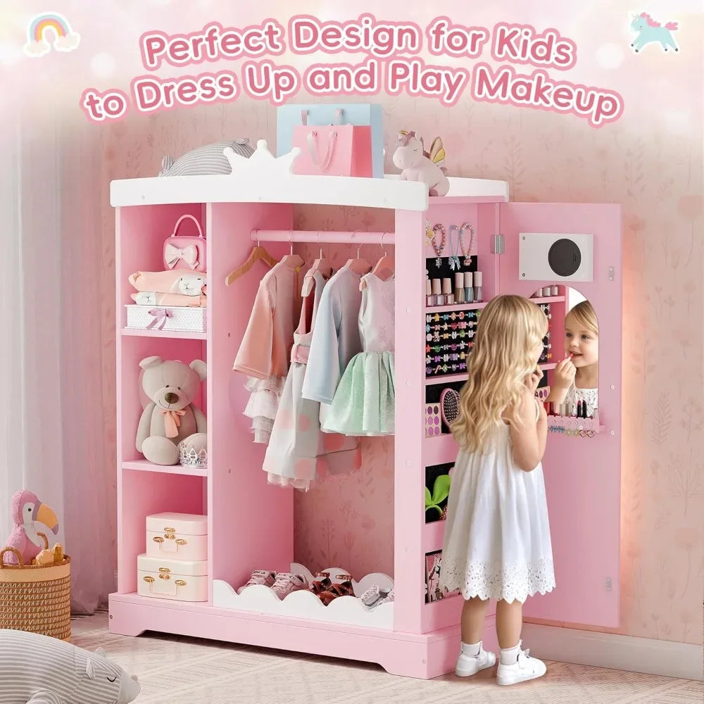 👗 Kids Armoire with Mirror & Jewelry Cabinet – Dress-Up Storage for Princess Costumes