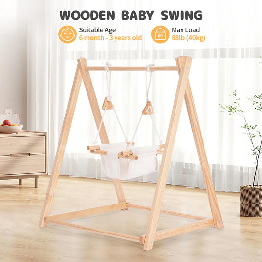 🪑 Folding Wooden Frame Kids Swing – Foldable Canvas Seat & Wooden Stand