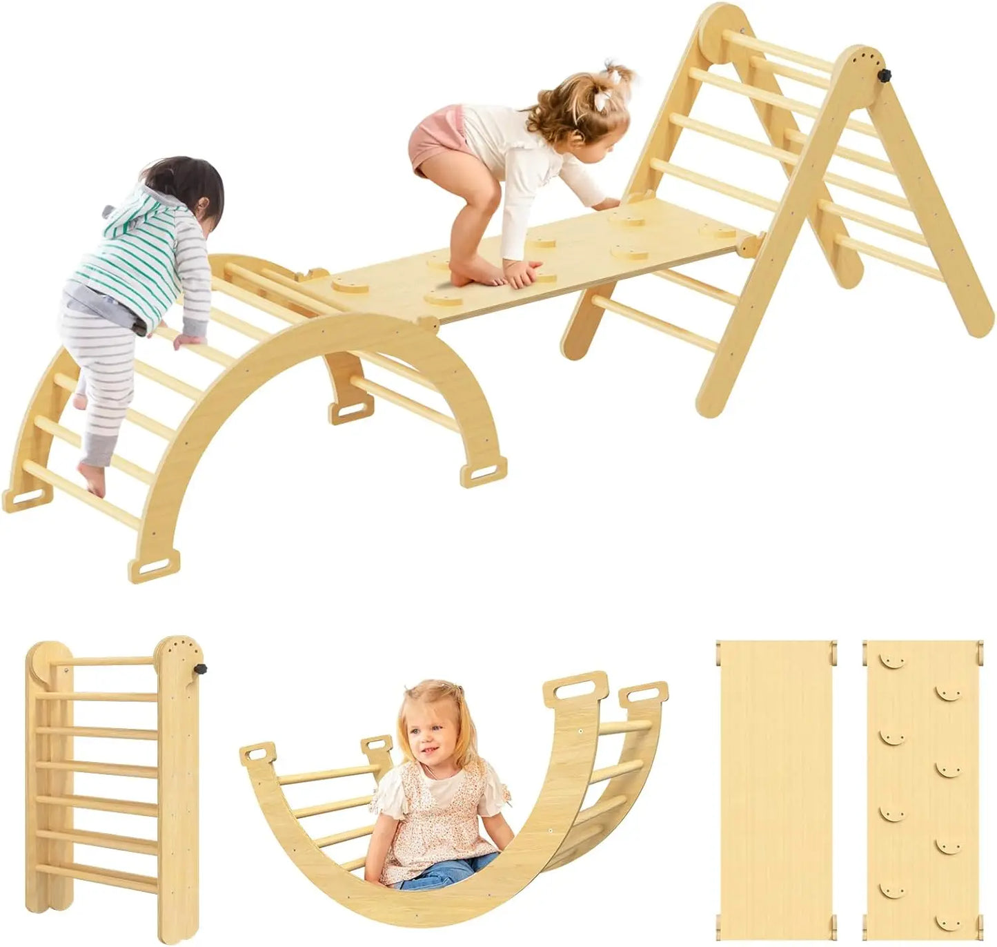 🧗‍♂️ 7-in-1 Montessori Pikler Triangle Climbing Set – Foldable Wooden Indoor Play for Toddlers