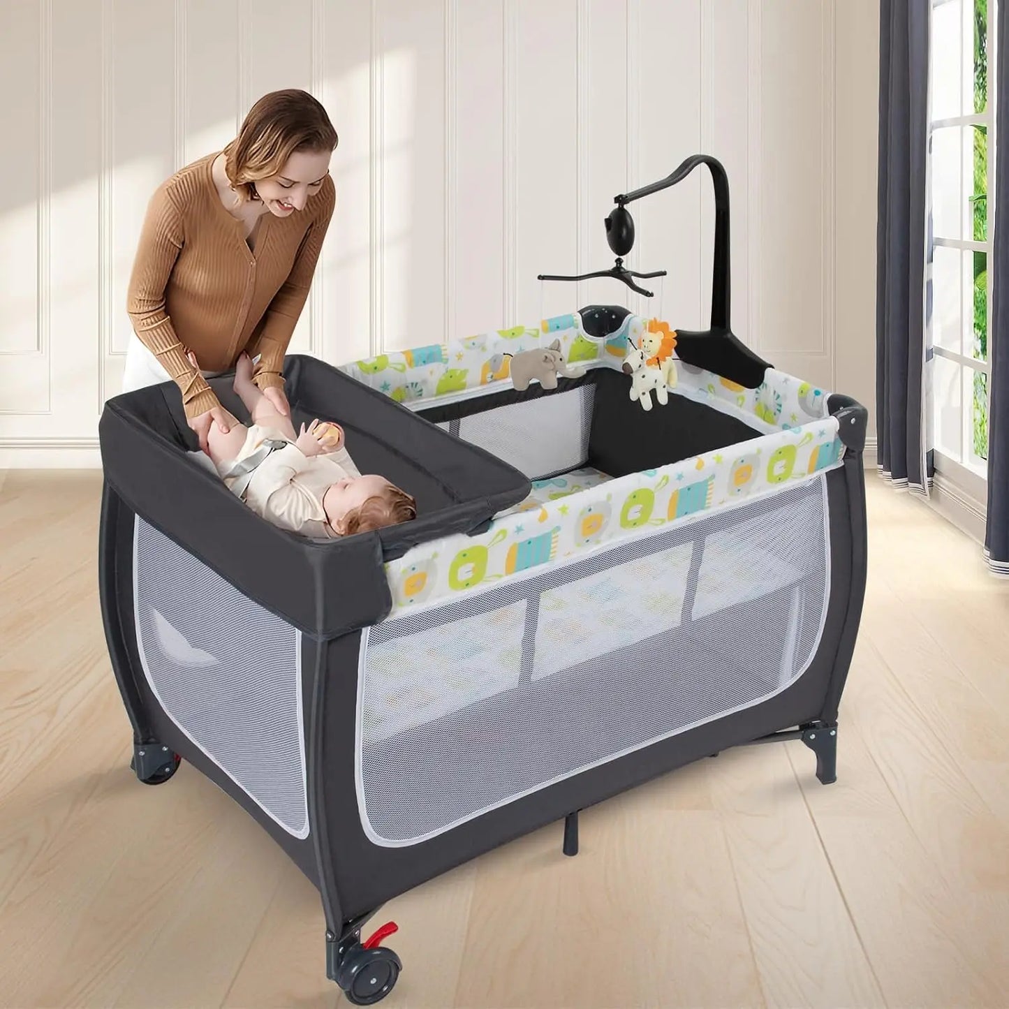 🧸 4-in-1 Portable Baby Crib & Playard – Bassinet, Changing Table, Canopy & Music Box